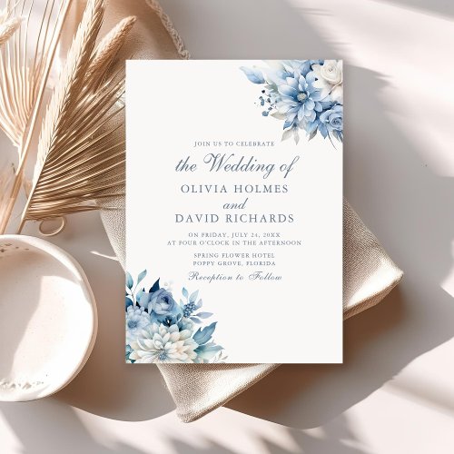Modern Dusty Blue and White Flowers Wedding Invitation