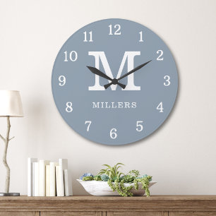 Modern Dusty Blue And White Monogram Family Name Large Clock