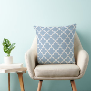 Modern Dusty Blue and White Quatrefoil Pattern Throw Pillow