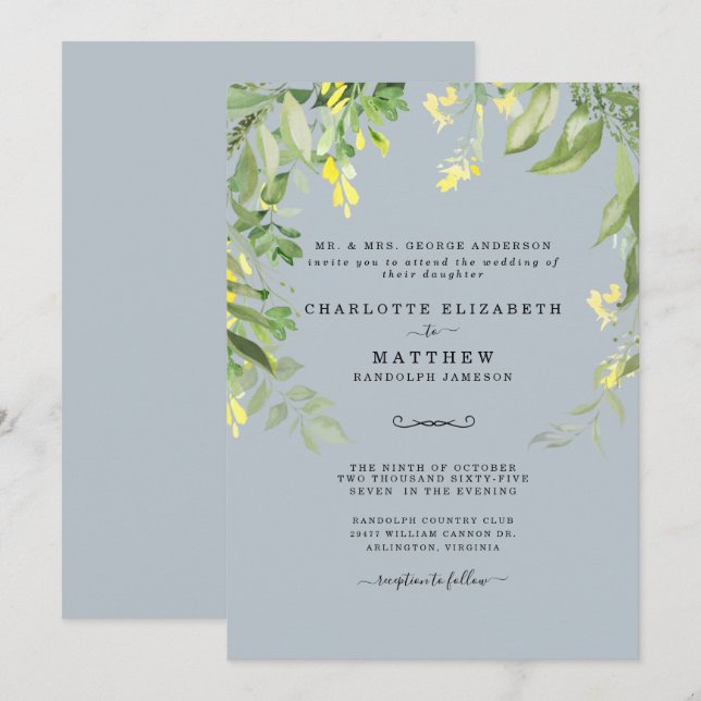 Modern Dusty Blue and Yellow Floral Wedding Invita Invitation (Front/Back)