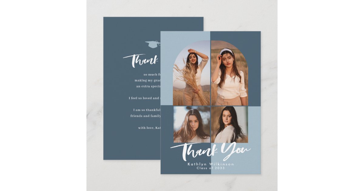 Modern Dusty Blue Arch 4 Photo Graduation Thank You Card | Zazzle