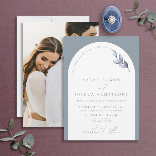Modern Dusty Blue Arch Botanical Photo Wedding Inv Invitation