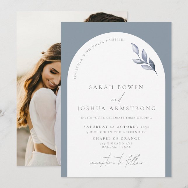 Modern Dusty Blue Arch Botanical Photo Wedding Invitation (Front/Back)