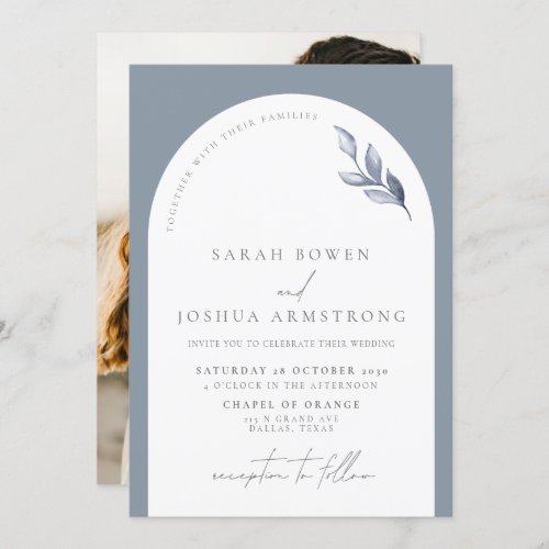 Modern Dusty Blue Arch Botanical Photo Wedding Invitation