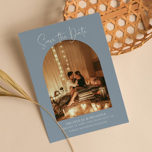 Modern Dusty Blue Arch Photo Boho Wedding Monogram Save The Date (Creator Uploaded)