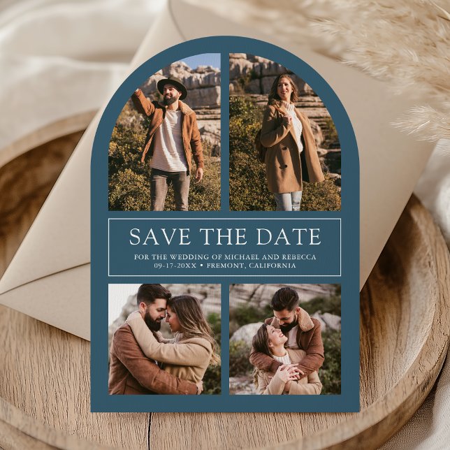 Modern Dusty Blue Arch Photo Collage Wedding Save The Date (Creator Uploaded)