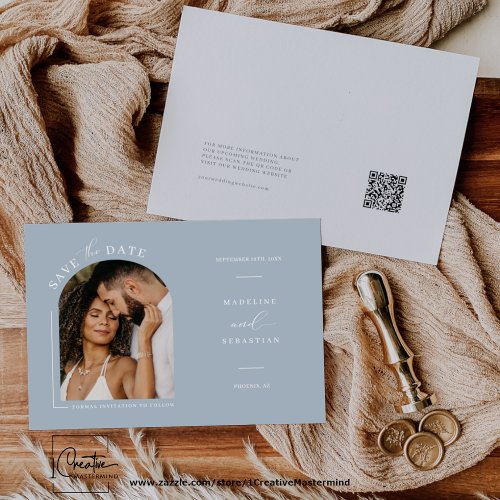Modern Dusty Blue Arch Photo QR Code Save the Date Invitation