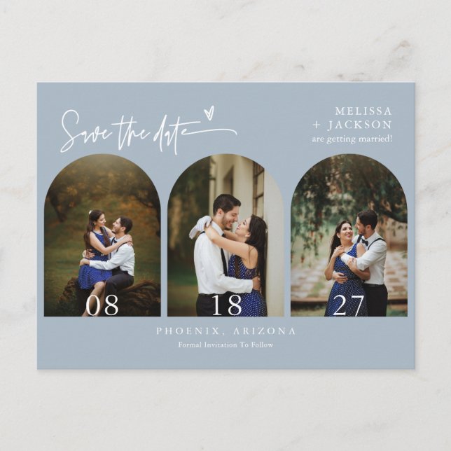 Modern Dusty Blue Arch Photo QR Code Save the Date Postcard (Front)