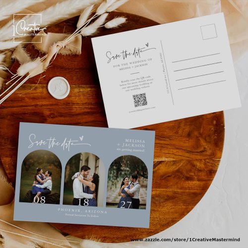 Modern Dusty Blue Arch Photo QR Code Save the Date Postcard