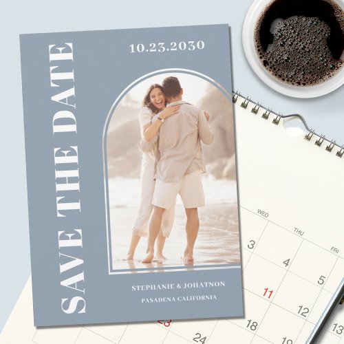 Modern Dusty Blue Arch Photo Save The Date