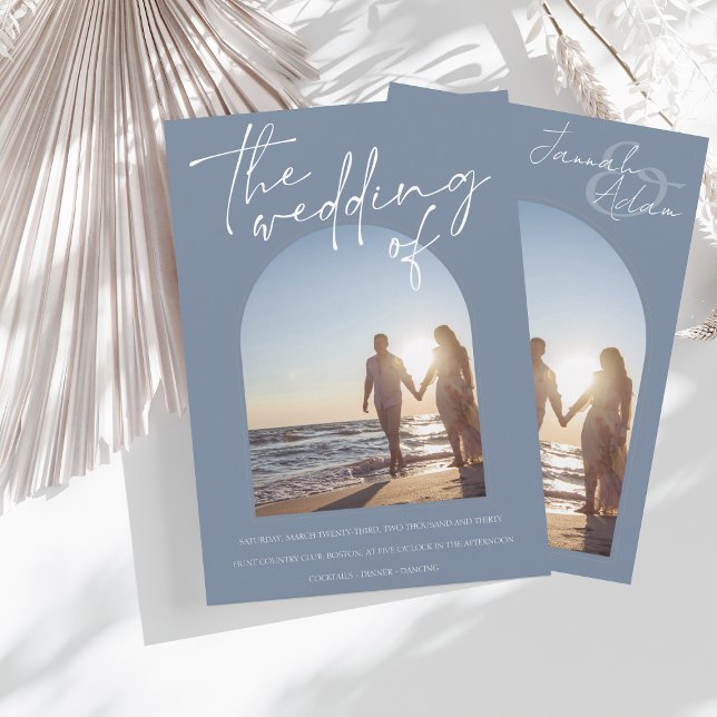 Modern Dusty Blue Arch Photo Wedding Invitation (Creator Uploaded)