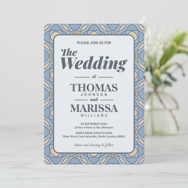 Modern Dusty Blue Art Deco Geometric Wedding Invitation (Standing Front)