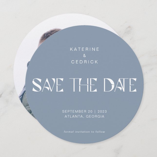 Modern Dusty Blue Art Deco Typography Round Circle Save The Date (Front/Back)