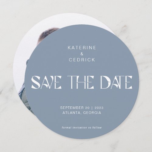 Modern Dusty Blue Art Deco Typography Round Circle Save The Date