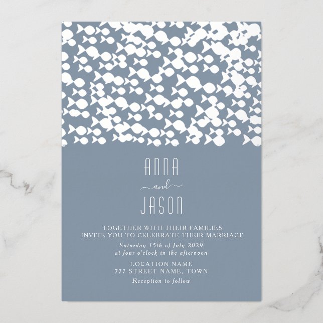 Modern Dusty Blue Beach Wedding Foil Invitation (Front)