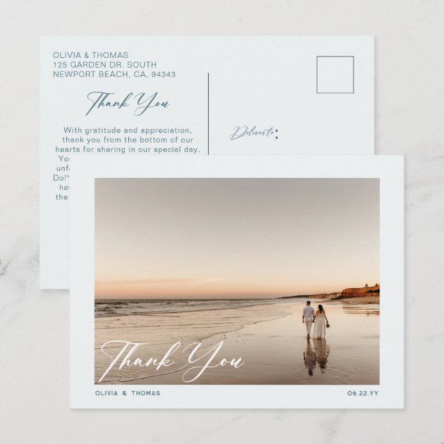 Modern Dusty Blue Beach Wedding Photo Thank You Postcard (Front/Back)