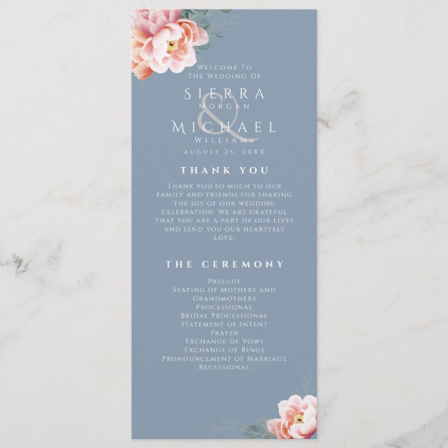 Modern Dusty Blue Blush Floral Wedding Ceremony Program (Front)