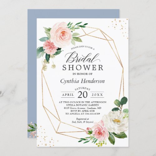 Modern Dusty Blue Blush Pink Floral Bridal Shower Invitation