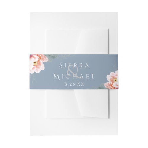 Modern Dusty Blue Blush Pink Floral Peony Wedding Invitation Belly Band