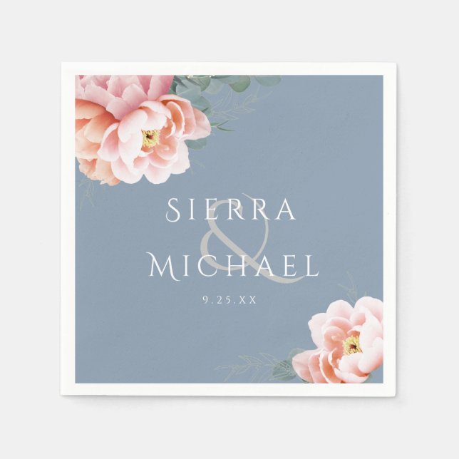 Modern Dusty Blue Blush Pink Floral Wedding Napkins (Front)