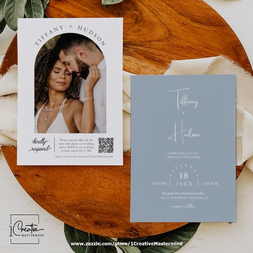 Modern Dusty Blue Boho Wedding Arch Photo QR Code Invitation