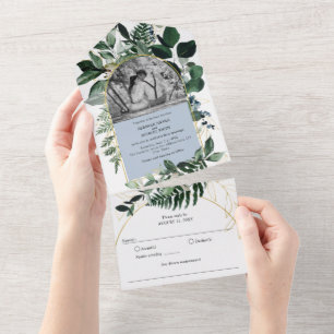 Modern Dusty Blue Botanical garden photo wedding All In One Invitation