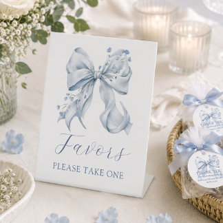 Modern Dusty Blue Bow Coquette Bridal Shower Favor Pedestal Sign