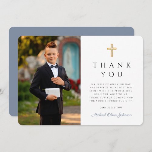 Modern Dusty Blue Boy First Communion Cross Photo  Thank You Card