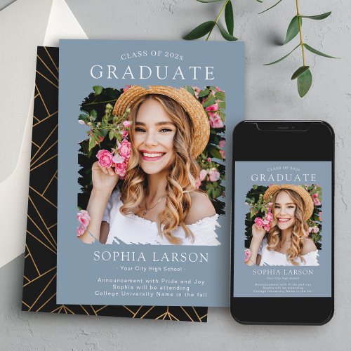 Modern Dusty Blue Brush Stroke Photo Graduation Announcement