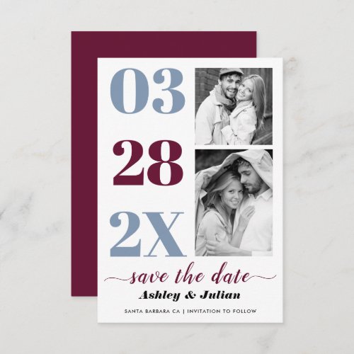 Modern dusty blue burgundy typography two photo save the date