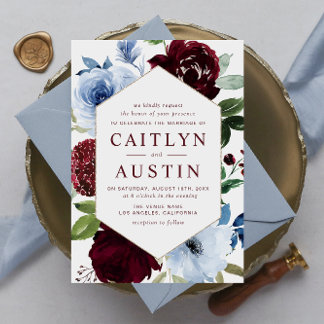modern Dusty blue burgundy wedding invitation