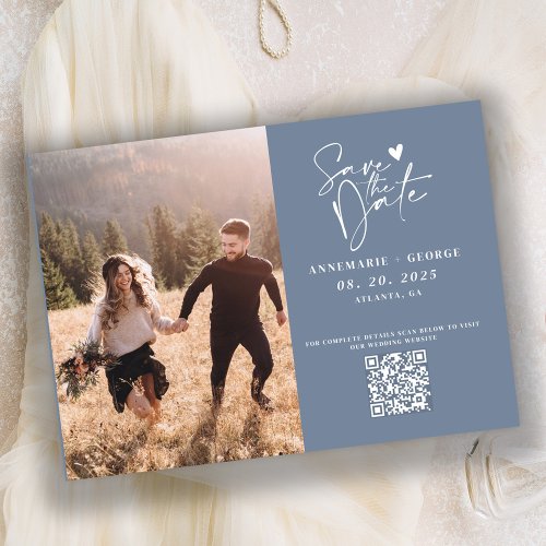 Modern Dusty Blue Calligraphy Photo QR Code Save The Date