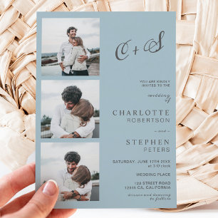 Modern dusty blue casual initials photo wedding invitation