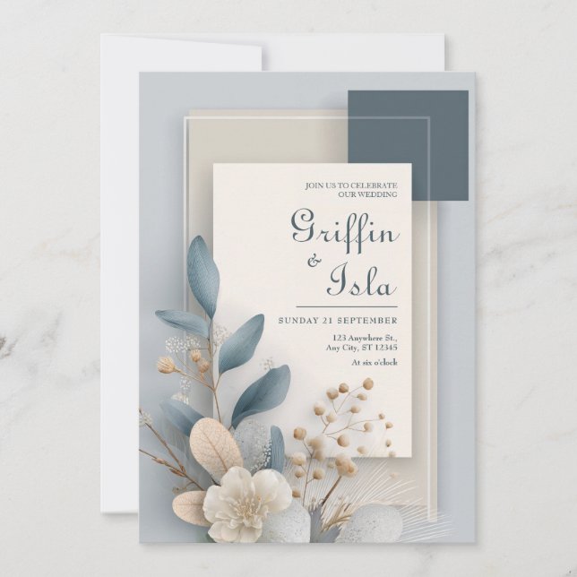 Modern Dusty Blue Charcoal Stone Botanical Wedding Invitation (Front)