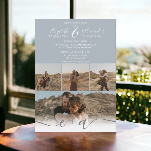 Modern dusty blue chic 5 Photos script wedding Invitation