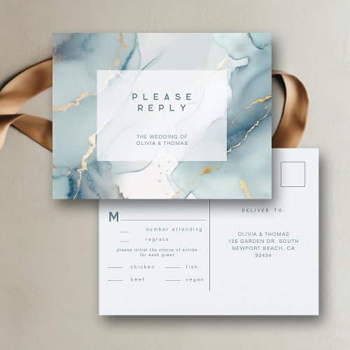 Modern Dusty Blue Chic Beach Wedding Meal RSVP Invitation Postcard