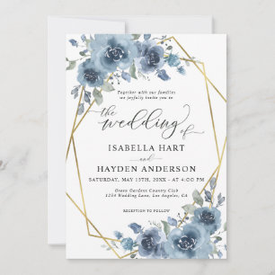 Modern Dusty Blue Chic Floral Gold Frame Wedding Invitation