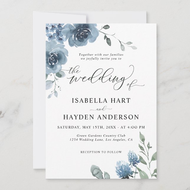 Modern Dusty Blue Chic Floral Gold Frame Wedding  Invitation (Front)