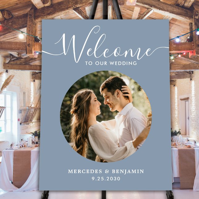 Modern Dusty Blue Chic Photo Wedding Welcome Sign (Creator Uploaded)