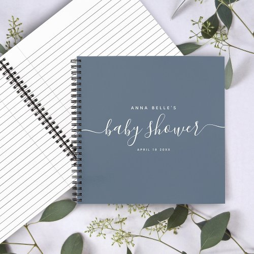 Modern Dusty Blue Chic Script Baby Shower Guest Notebook