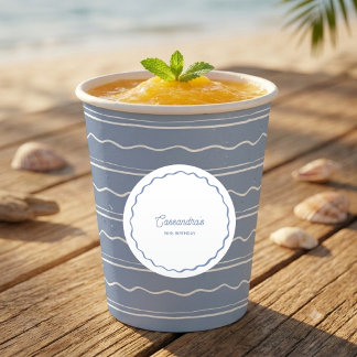 Modern Dusty Blue Coastal Beach Party Birthday Paper Cups