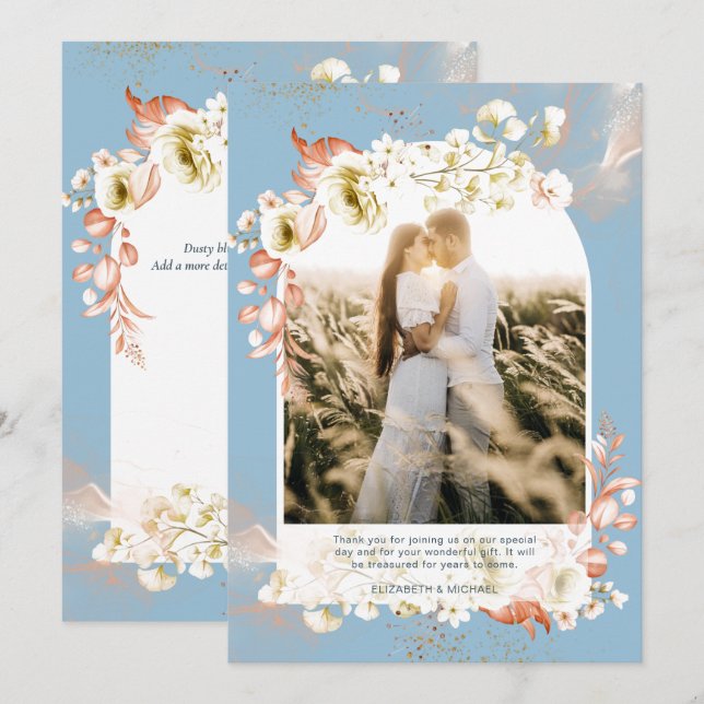 Modern Dusty Blue Coral Floral PHOTO THANK YOU Card (Front/Back)