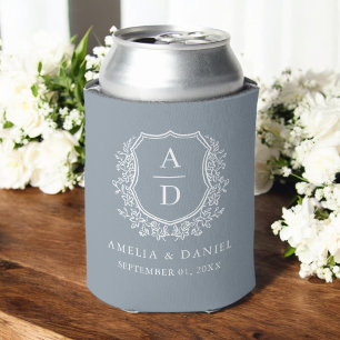 Modern Dusty Blue Crest Modern Monogram Wedding  Can Cooler