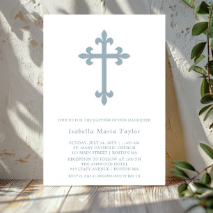 Modern Dusty Blue Cross Baptism Invitation