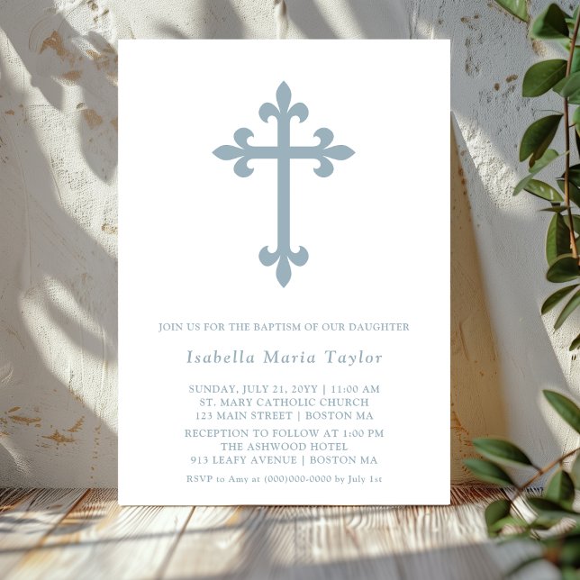 Modern Dusty Blue Cross Baptism Invitation (Creator Uploaded)