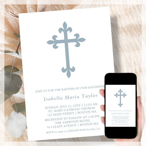 Modern Dusty Blue Cross Baptism Invitation