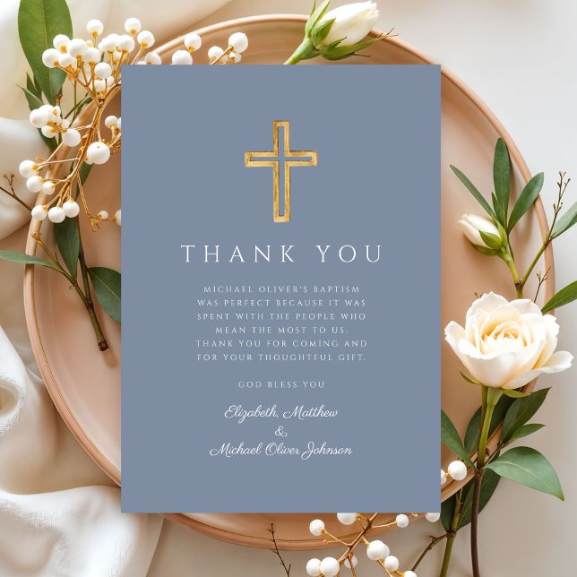 Modern Dusty Blue Cross Boy Baptism Thank You Card (Modern Dusty Blue Cross Boy Baptism Thank You Card)
