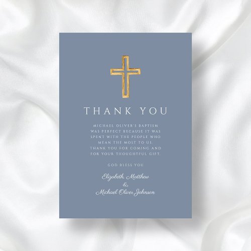 Modern Dusty Blue Cross Boy Baptism Thank You Card