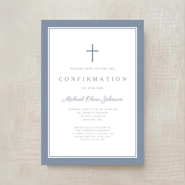 Modern Dusty Blue Cross Boy Confirmation Invitation (Modern Dusty Blue Cross Boy Confirmation Invitation)
