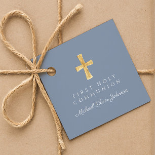 Modern Dusty Blue Cross Boy First Communion  Favor Tags